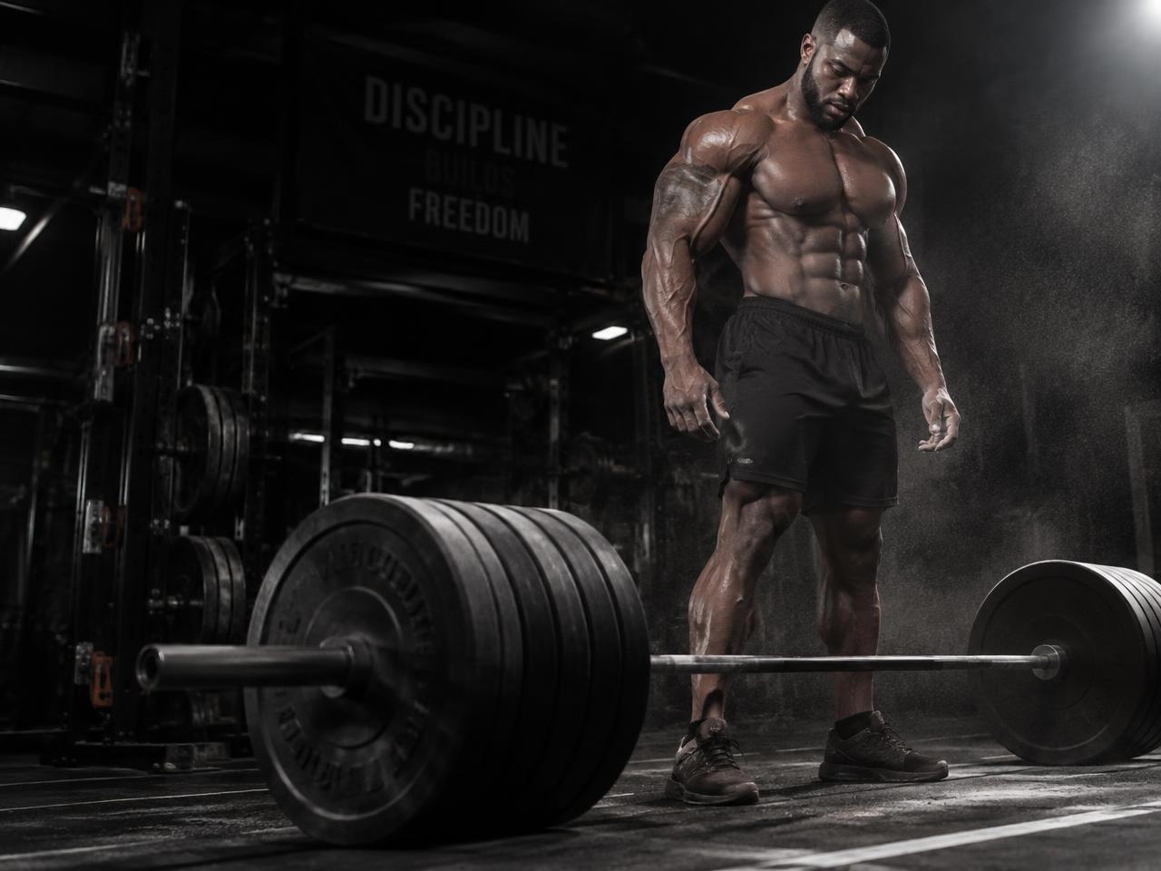 A Black bodybuilder with a huge, shredded physique standing beside a heavily loaded barbell