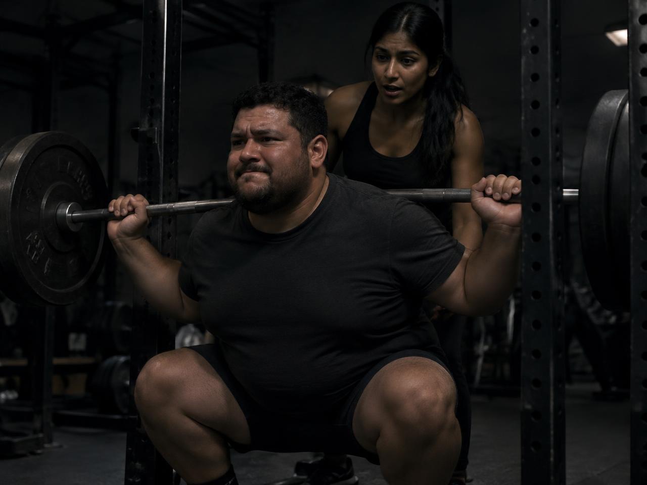 A South Asian woman spotting a Latino lifter through a heavy squat